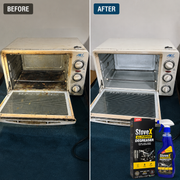 Before and after comparison of a white toaster oven with a dirty exterior and interior on the left, and a clean, glowing toaster oven on the right, with Stovex StoveClean degreaser packaging and bottle shown in the foreground.