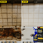 A side-by-side before and after comparison of a stained white stovetop and tiled wall, with a blue Stovex Stove & Range Cleaner spray bottle and product box shown in the after view.