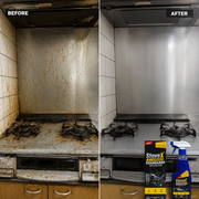 Before-and-after comparison of a dirty stainless steel stove and oven versus a clean, polished result, with StoveX Stove & Oven Degreaser products shown at the bottom right.