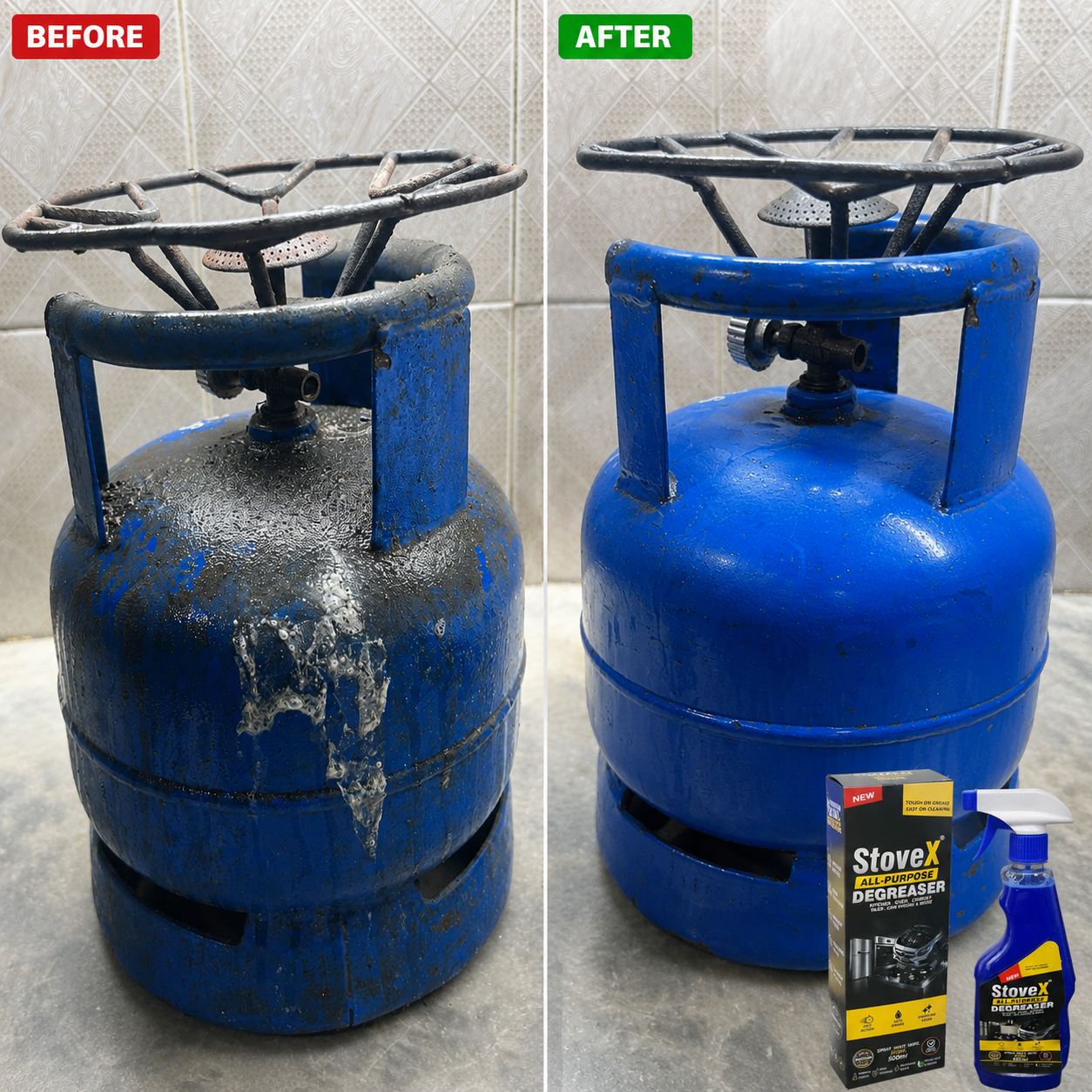 A side-by-side before and after comparison showing a blue gas cylinder cleaner in use. The left 'before' image shows a dirty, scratched blue cylinder.