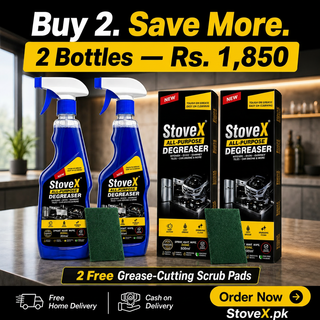 Two blue StoveX All-Purpose Degreaser spray bottles with green scrubber pads and two StoveX boxes, displayed on a kitchen counter with promotional text overlays.
