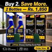 Two blue StoveX All-Purpose Degreaser spray bottles with green scrubber pads and two StoveX boxes, displayed on a kitchen counter with promotional text overlays.