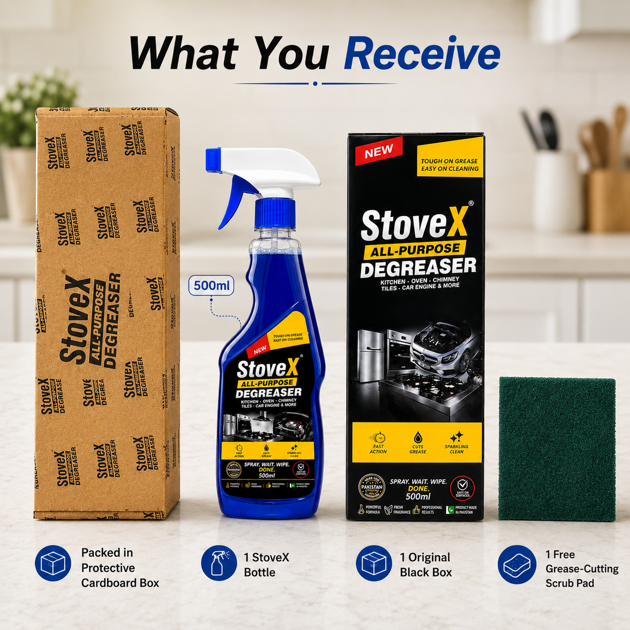 Stovex All-Purpose Degreaser kit displayed on a light countertop with its cardboard box, blue spray bottle, black product box, and green scrub pad. The image includes the text 'What You Receive' and feature callouts below.