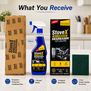 Stovex All-Purpose Degreaser kit displayed on a light countertop with its cardboard box, blue spray bottle, black product box, and green scrub pad. The image includes the text 'What You Receive' and feature callouts below.