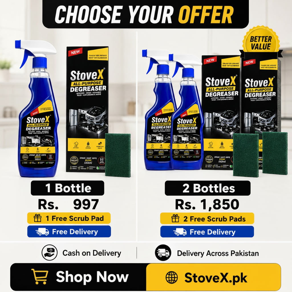 Promotional comparison graphic for StoveX StoveX Pro Cleanse Stove Degreaser, showing two offer options: 1 Bottle with 1 free scrub pad (Rs. 997) and 2 Bottles with 2 free scrub pads (Rs. 1850