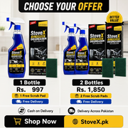 Promotional comparison graphic for StoveX StoveX Pro Cleanse Stove Degreaser, showing two offer options: 1 Bottle with 1 free scrub pad (Rs. 997) and 2 Bottles with 2 free scrub pads (Rs. 1850