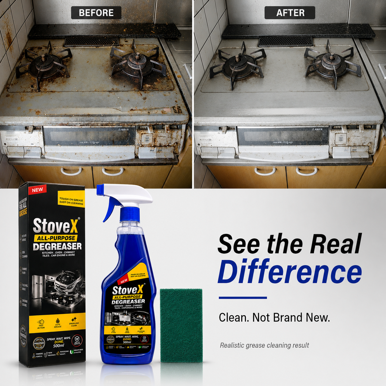 Before-and-after comparison of a dirty stainless steel gas stove versus a clean stove after Stovex All-Purpose Degreaser treatment, shown alongside the product box, spray bottle, and green cleaning sponge on a white background with marketing text.