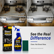 Before-and-after comparison of a dirty stainless steel gas stove versus a clean stove after Stovex All-Purpose Degreaser treatment, shown alongside the product box, spray bottle, and green cleaning sponge on a white background with marketing text.