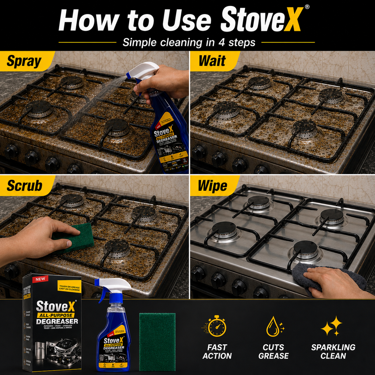 A four-panel instructional graphic titled 'How to Use StoveX' showing a gas stove being cleaned: spray, wait, scrub, and wipe. The bottom panel shows the StoveX degreaser bottle, box, green cleaning sponge, and feature icons on a black background.