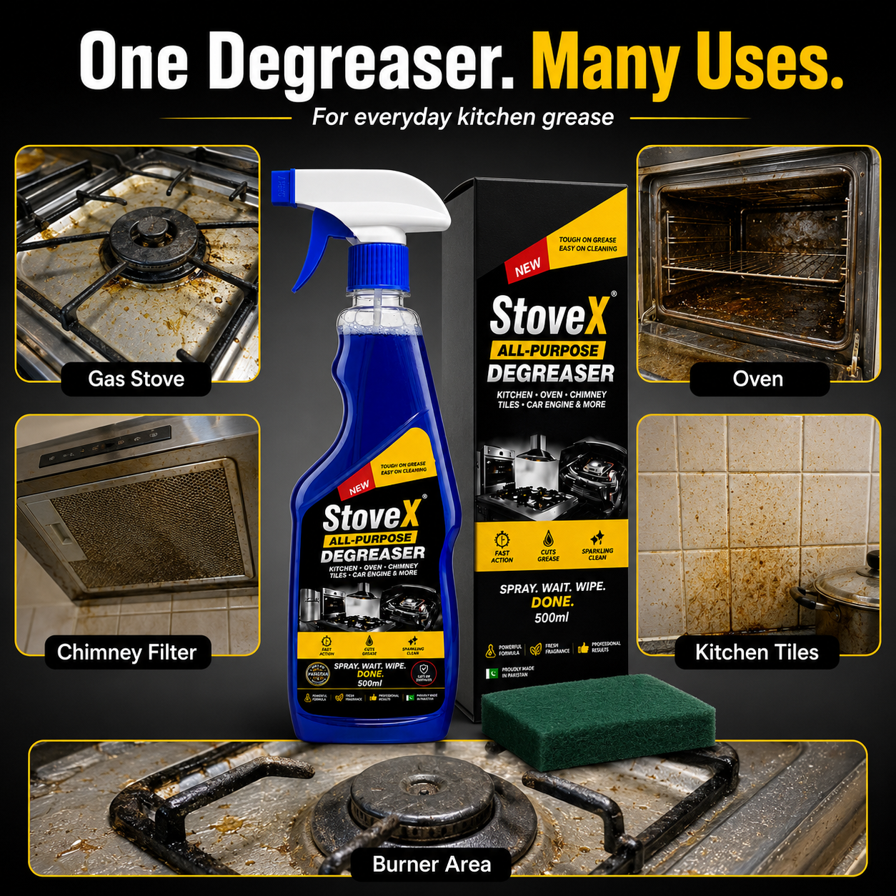 StovX All-Purpose Degreaser bottle and box shown in a kitchen cleaning promotional graphic, with before/after-style photos of a gas stove, oven interior, chimney filter, kitchen tiles, and burner area. Text reads 'One Degreaser.