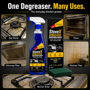 StovX All-Purpose Degreaser bottle and box shown in a kitchen cleaning promotional graphic, with before/after-style photos of a gas stove, oven interior, chimney filter, kitchen tiles, and burner area. Text reads 'One Degreaser.