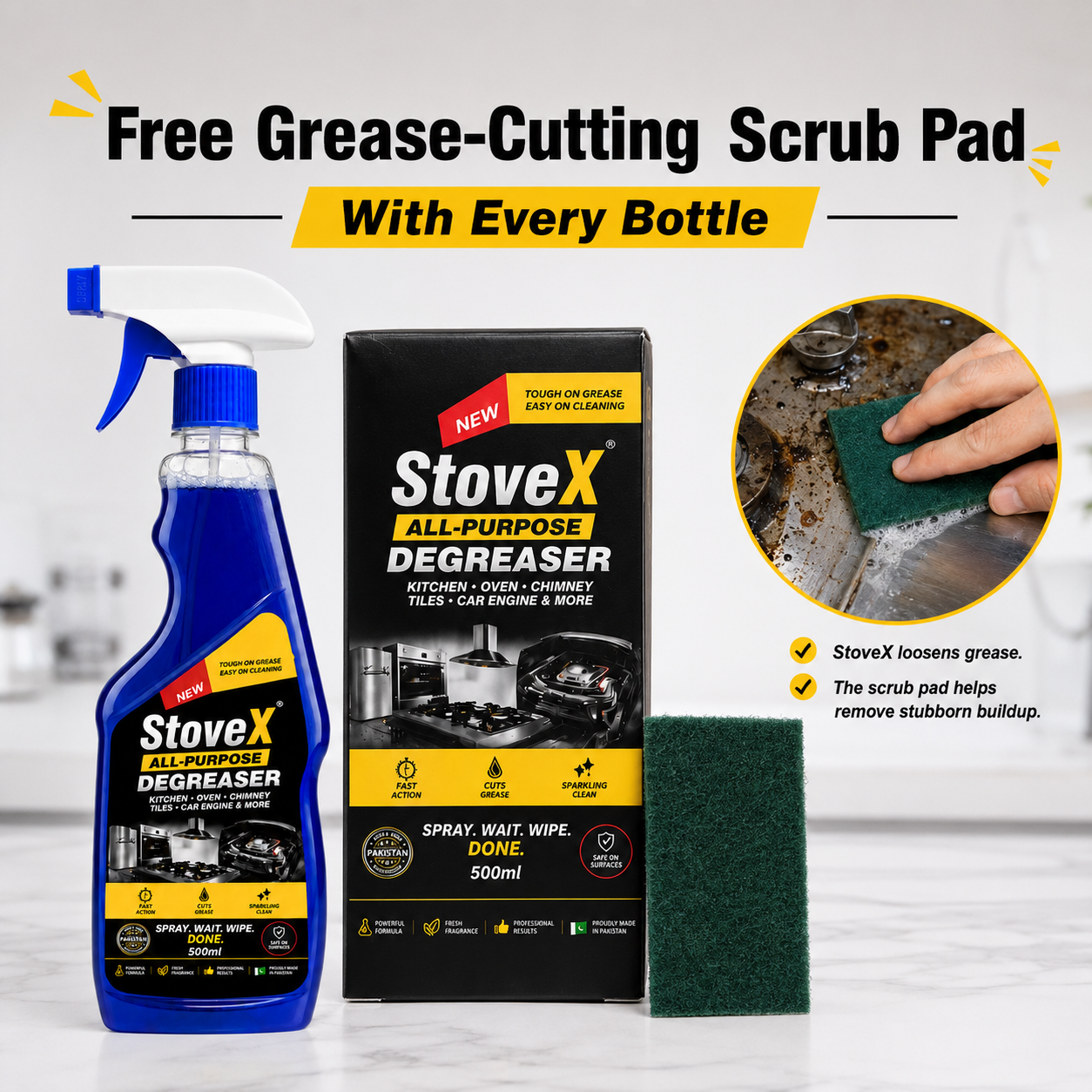 Stovex All-Purpose Degreaser bottle with a spray trigger, shown next to its black and yellow retail box and a dark green scouring pad. Text at the top reads 'Free Grease-Cutting Scrub Pad With Every Bottle,' and a circular inset shows a hand using the scrub pad.