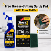 Stovex All-Purpose Degreaser bottle with a spray trigger, shown next to its black and yellow retail box and a dark green scouring pad. Text at the top reads 'Free Grease-Cutting Scrub Pad With Every Bottle,' and a circular inset shows a hand using the scrub pad.